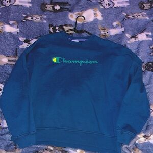 champion, green, blue crewneck